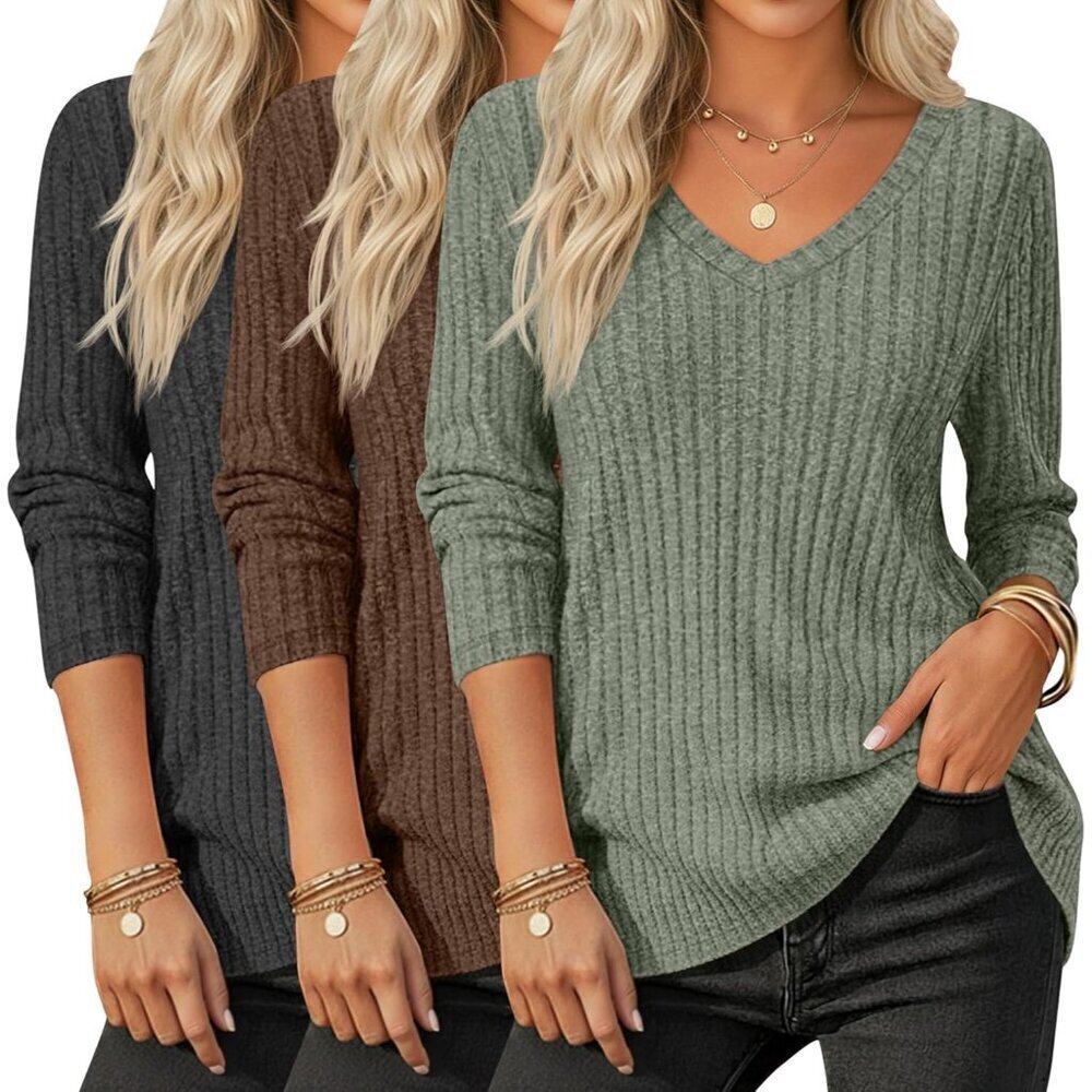 Women's Long Sleeve Sweater Pack V Neck Curved Hem Casual Basic Fall